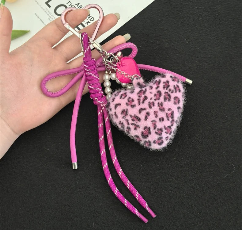 Leopard Print Plush Keychain with Woven Rope