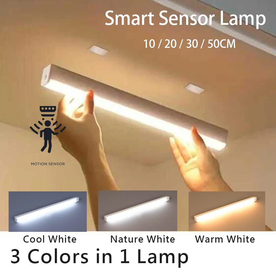 A hand is turning on a long LED bar light, showing three color options: Cool White, Nature White, and Warm White.