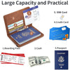 Porta-pasaporte de cuero marrón con billete de embarque, efectivo y documentos de pasaporte