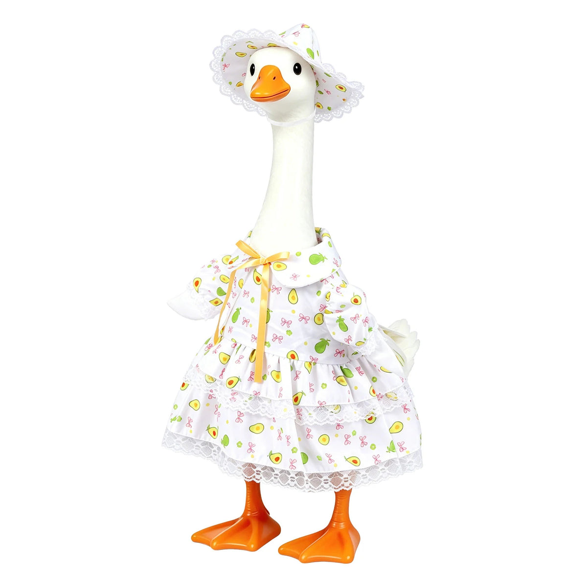 A white goose costume set featuring a white body, orange feet, and a floral-patterned white dress with a lace collar.