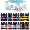 A collection of liquid candle dye pigments in various colors including violet, black gray, brown, indigo, blue, orange, and g