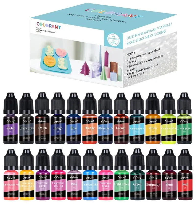 A collection of liquid candle dye pigments in various colors including violet, black gray, brown, indigo, blue, orange, and g
