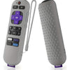 A gray silicone remote cover for a Roku device shown next to the detached cover.