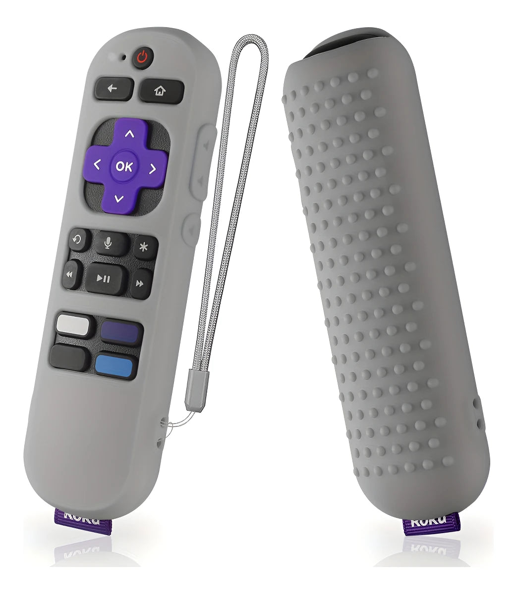 A gray silicone remote cover for a Roku device shown next to the detached cover.