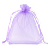 A translucent purple organza drawstring gift bag with a gathered top and long ties.