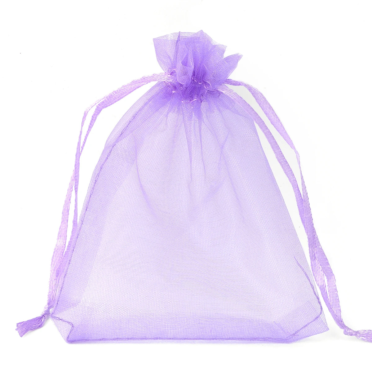 A translucent purple organza drawstring gift bag with a gathered top and long ties.