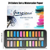 A set of 24 colors of Giorione watercolor paper and paints displayed with a black metal case.