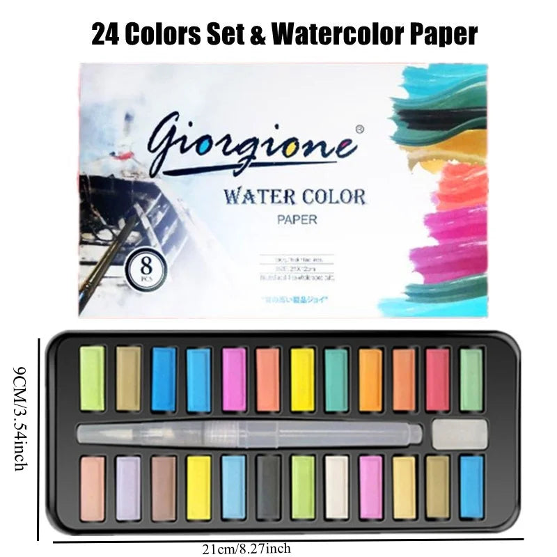 A set of 24 colors of Giorione watercolor paper and paints displayed with a black metal case.