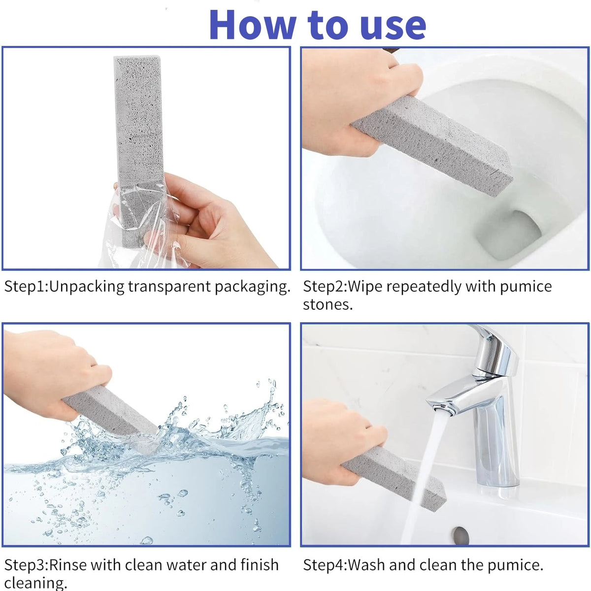 Instructions showing how to use natural pumice stone cleaning sticks for various surfaces.