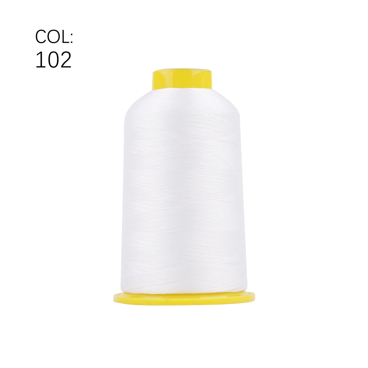 A spool of white polyester embroidery thread with a yellow base.