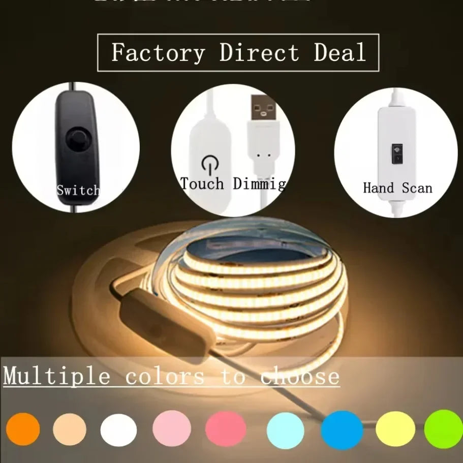 Factory direct deal featuring a multi-color dimmable USB COB LED strip light with switch, touch dimming, and hand scan contro