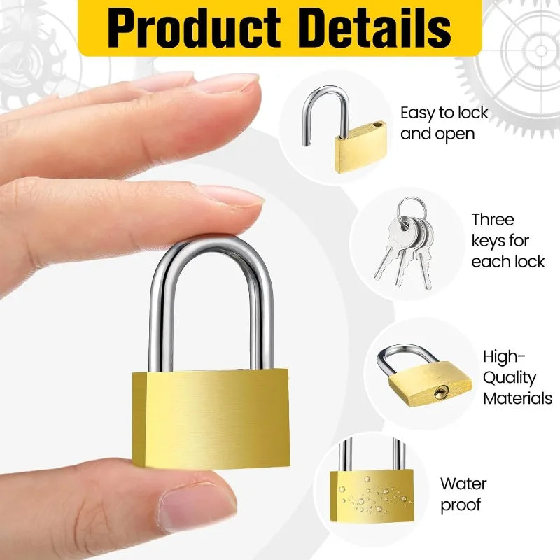 A hand holds a gold-colored padlock and three keys, demonstrating the compact security of the mini copper padlock.