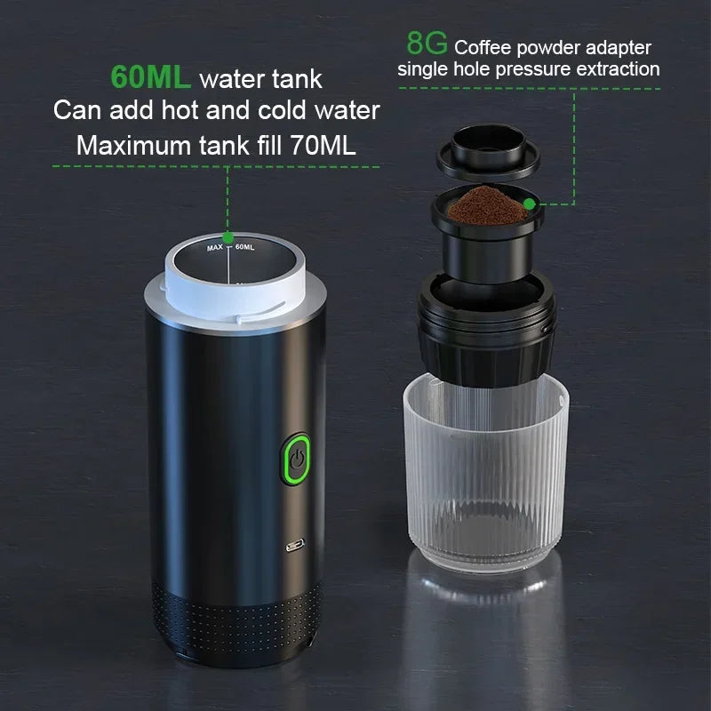 A black portable electric espresso coffee maker with a 60ml water tank and an 8g coffee powder adapter for single-hole pressu