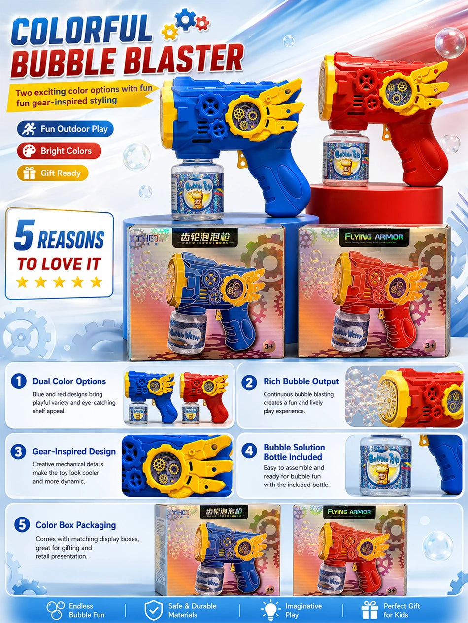 Buntes Blasenwerferspielzeug mit zwei Farboptionen und gear-inspiriertem Design für lustiges Spiel im Freien