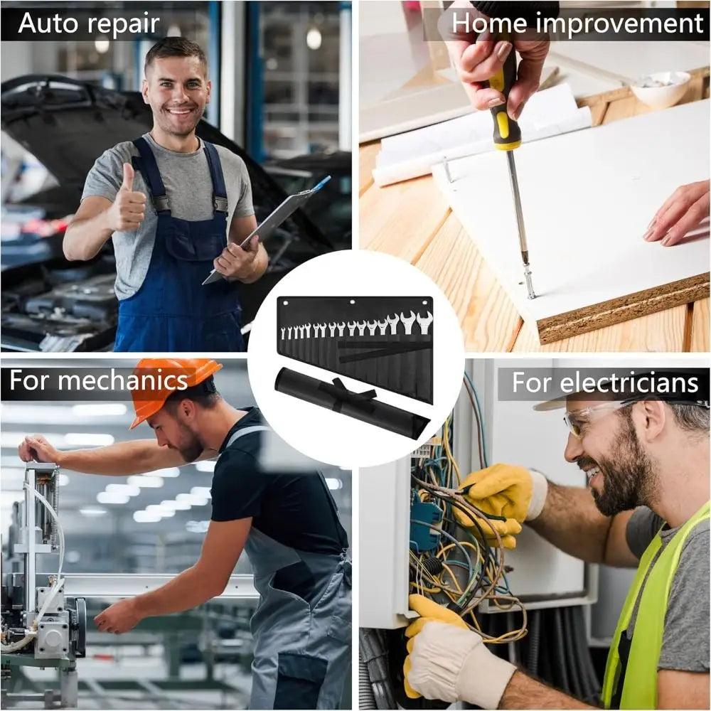 A collage showing various tools and equipment used by mechanics, electricians, and for home improvement tasks.