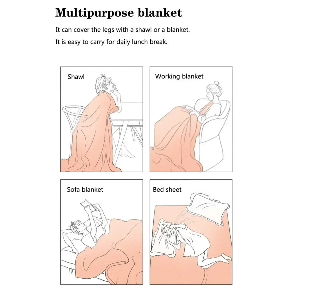 A collection of various blankets including a shawl, working blanket, sofa blanket, and bed sheet.