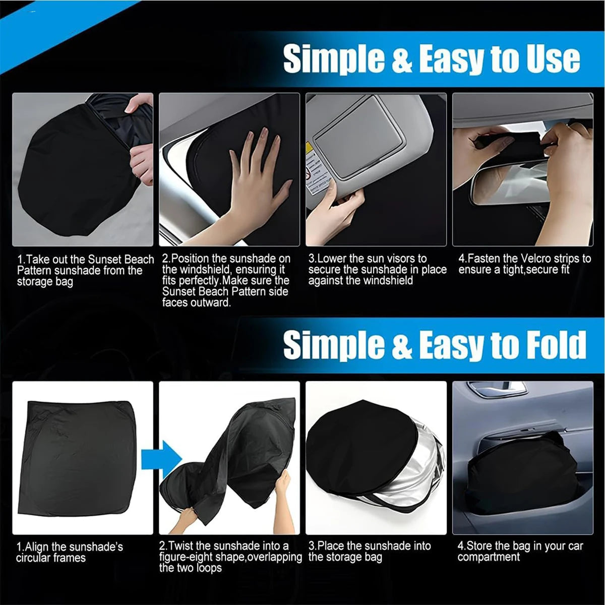 Instructions show how to use and fold a foldable car windshield sunshade with side window covers and storage bag.