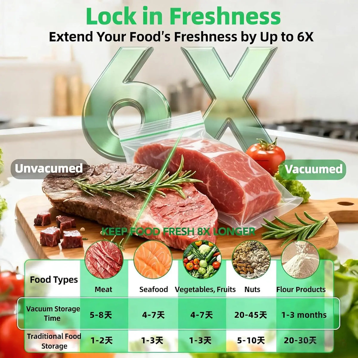 A product image showing various foods like meat, seafood, vegetables, and nuts being vacuum-sealed for freshness.