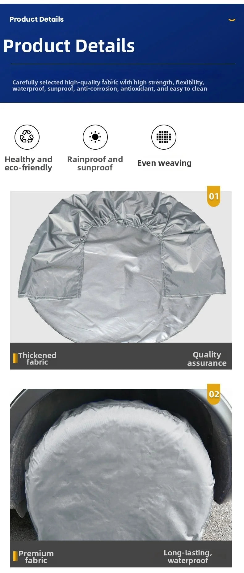 A close-up view of a gray, thick fabric tire cover being placed on a tire.