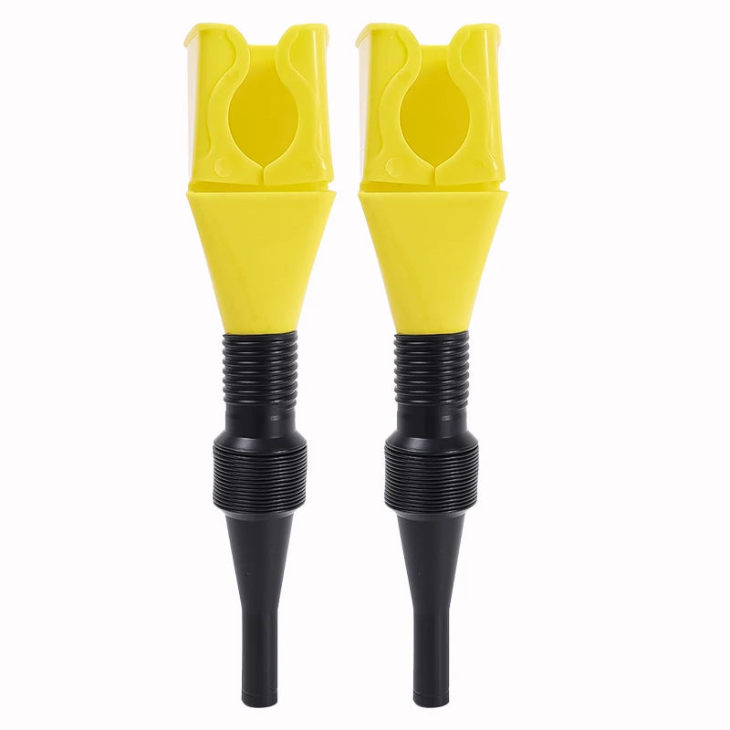 Un couple de funnels de transfert d'huile moteur jaunes avec des bases en plastique noir.