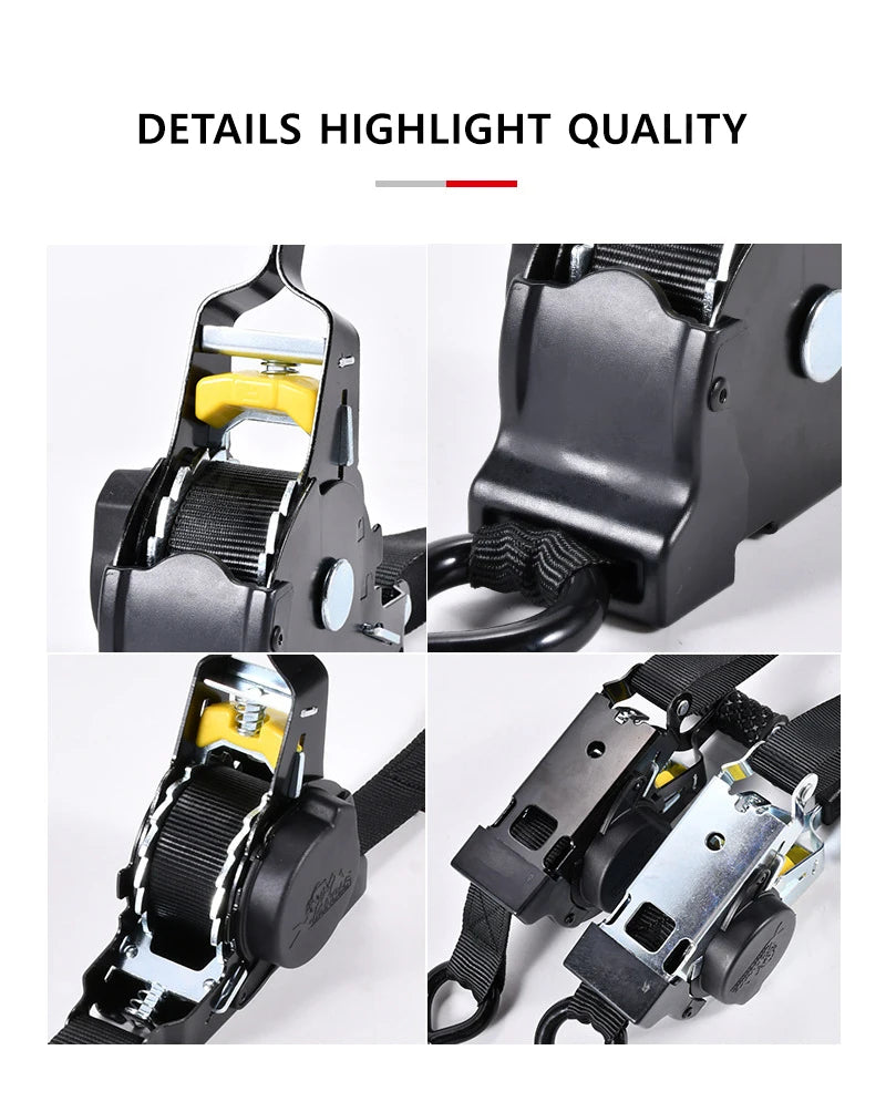Close-up view of heavy duty retractable ratchet straps showing various components and details.