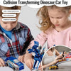 A boy and a girl interact with a blue transforming dinosaur car toy, showing its features and magnetic parts.