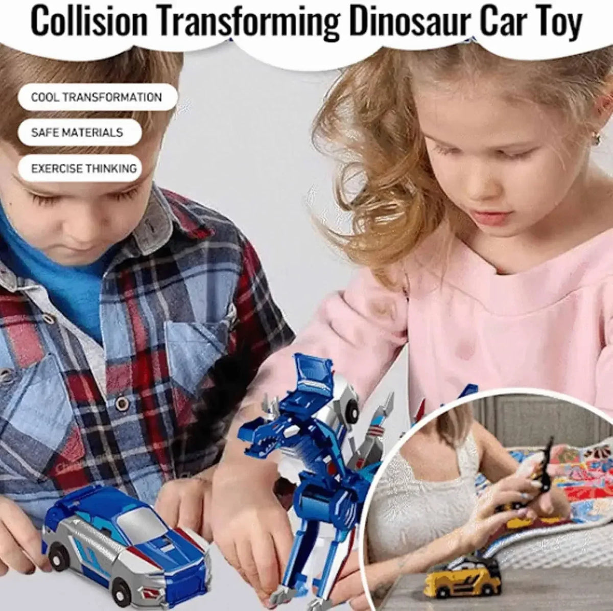 A boy and a girl interact with a blue transforming dinosaur car toy, showing its features and magnetic parts.