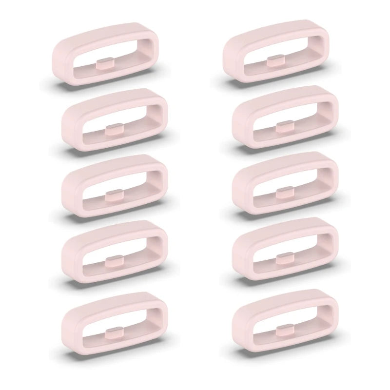 A set of ten pink silicone watch strap retainers shown in various angles.