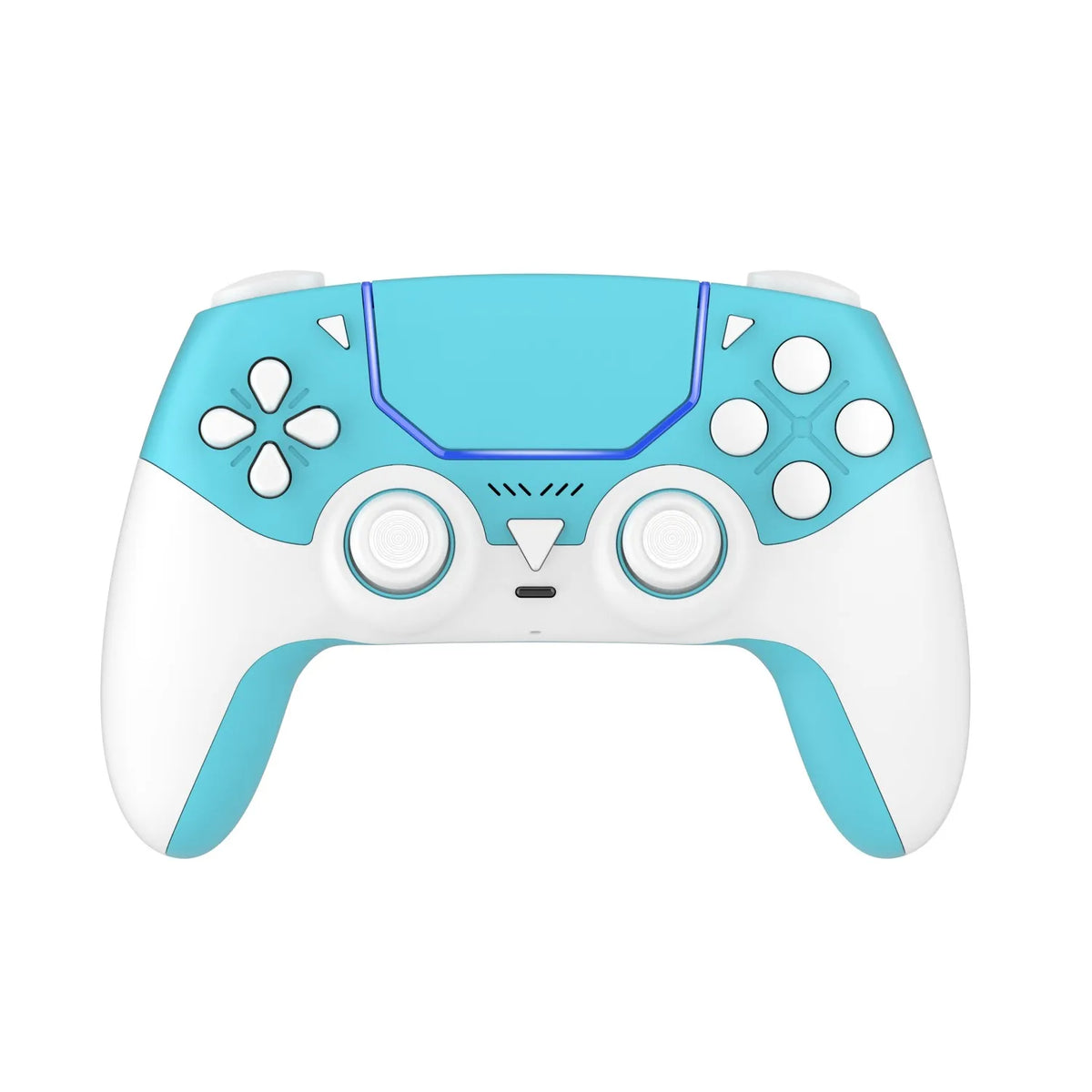 A white and light blue wireless gaming controller with four face buttons, two analog sticks, and a trigger.