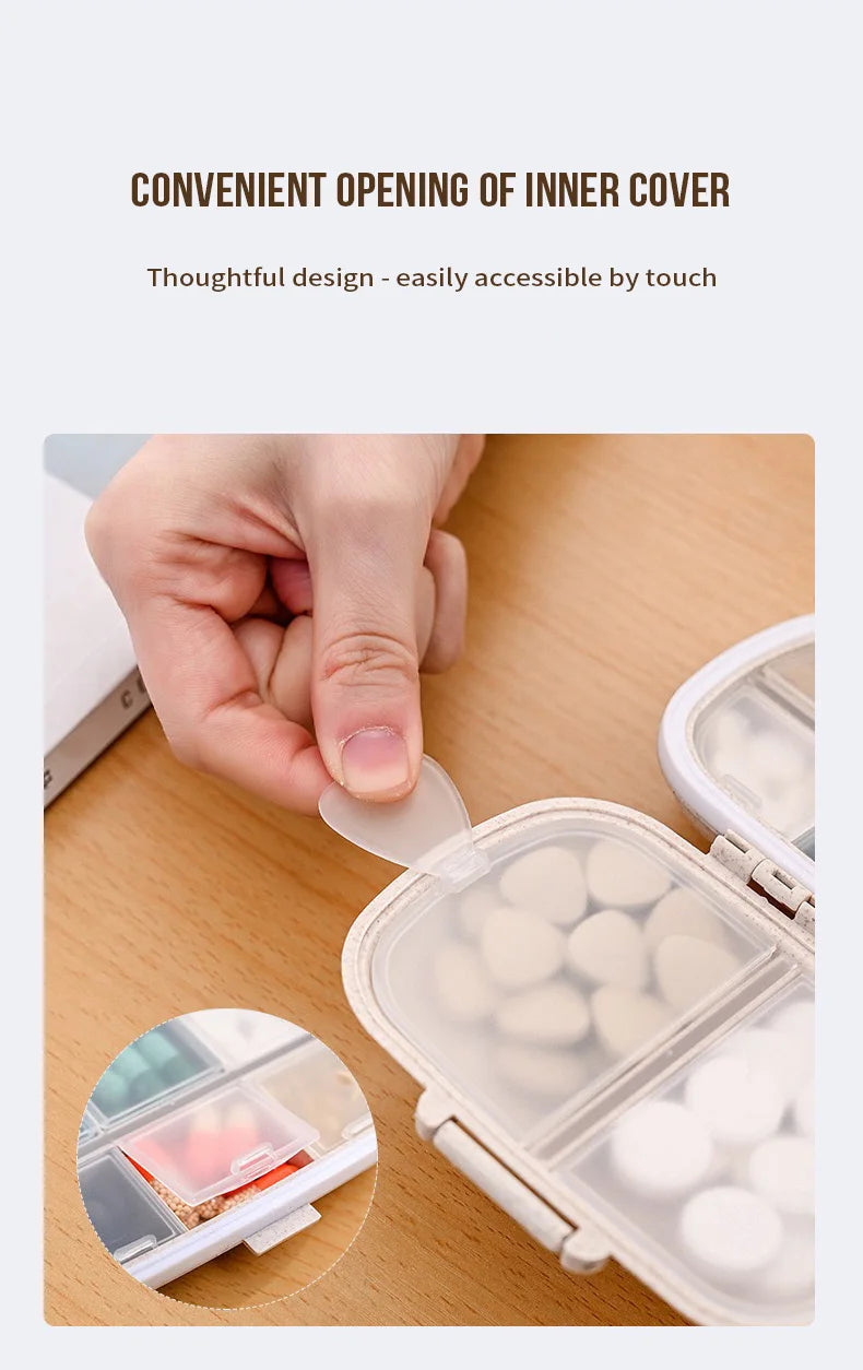 Hand opening a clear pill organizer with an inner cover for convenient access