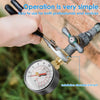 A hand is using a water pressure test gauge with a 3/4 inch installation diameter on a garden hose connection.