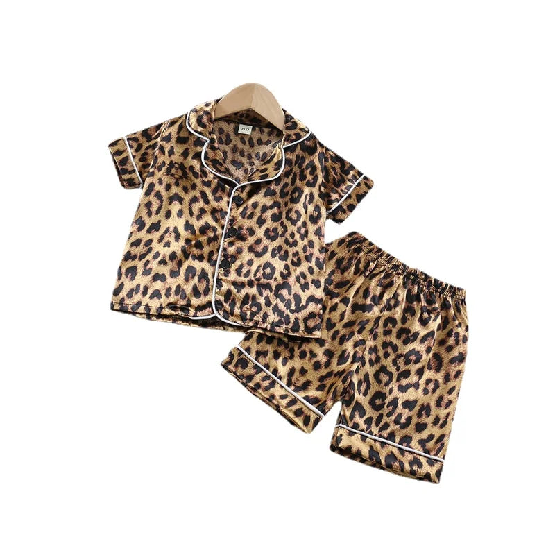 Kids' Cartoon Leopard Print Pajama Set with Short Sleeves