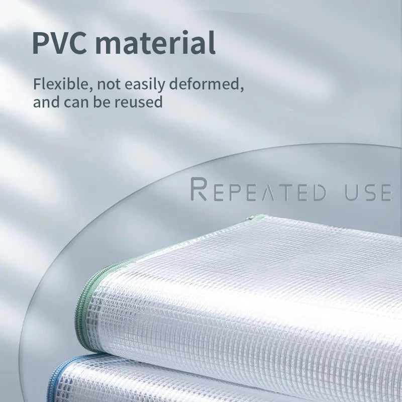 Bolsas de documentos de material de PVC blanco en primer plano, mostrando flexibilidad y uso repetido.