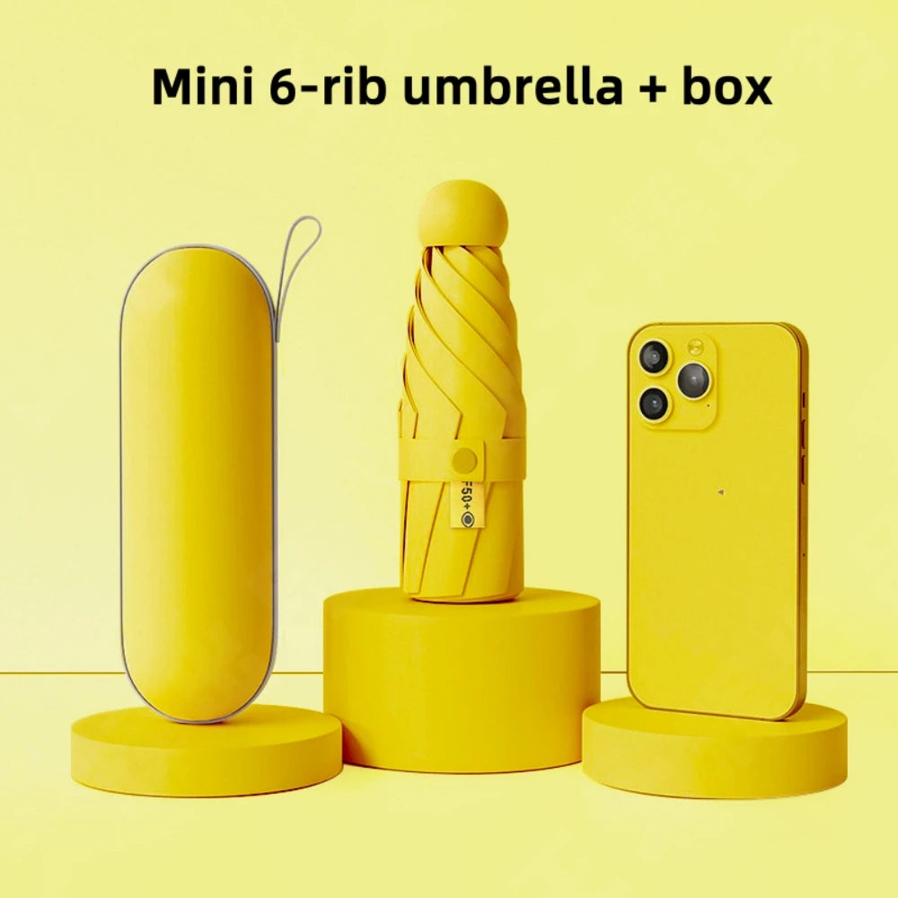 A yellow mini 6-rib umbrella and box displayed on a light yellow background.