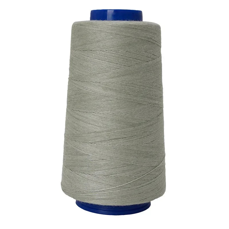 A spool of gray heavy-duty waterproof bonded polyester thread with a blue core.