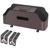 A dark brown car back seat organizer featuring a cup holder, trash bin, and phone mount.