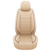 A beige premium PU leather car seat cover with quilted stitching and a padded headrest.