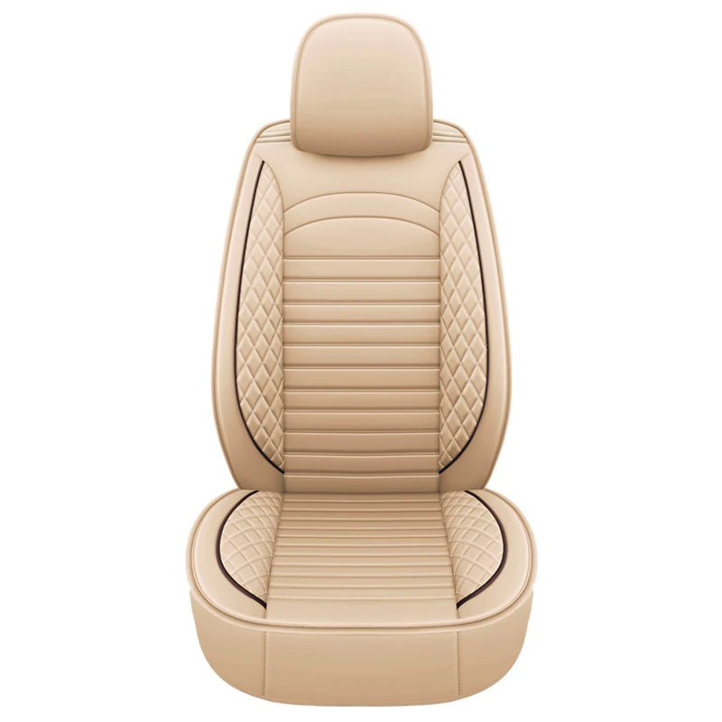A beige premium PU leather car seat cover with quilted stitching and a padded headrest.
