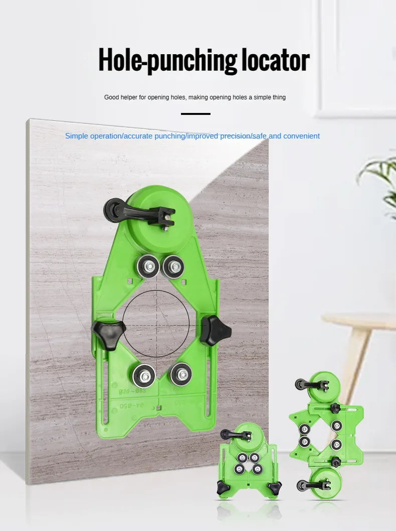 A green hole-punching locator tool is shown against a wooden background, demonstrating its use for making holes.