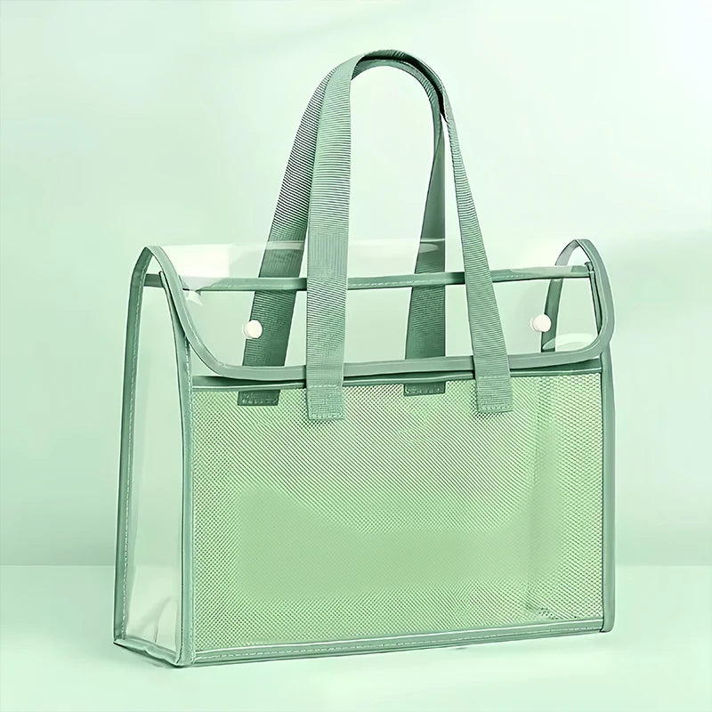 A clear, mesh document folder with a green fabric handle and frame is shown against a light green background.