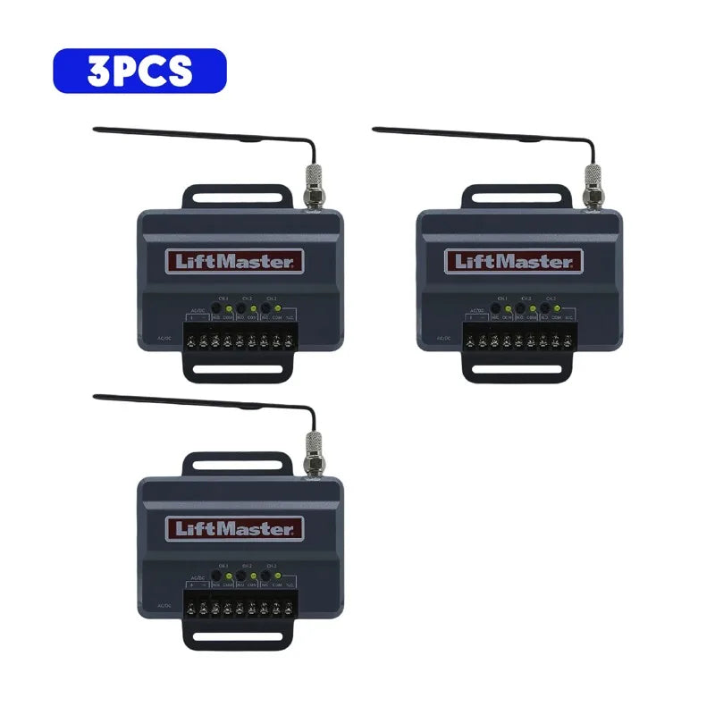 Three LiftMaster garage door opener receivers shown with their wiring and mounting brackets.