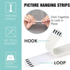 Picture hanging strips showing how to click together to lock in place and form a loop for hanging