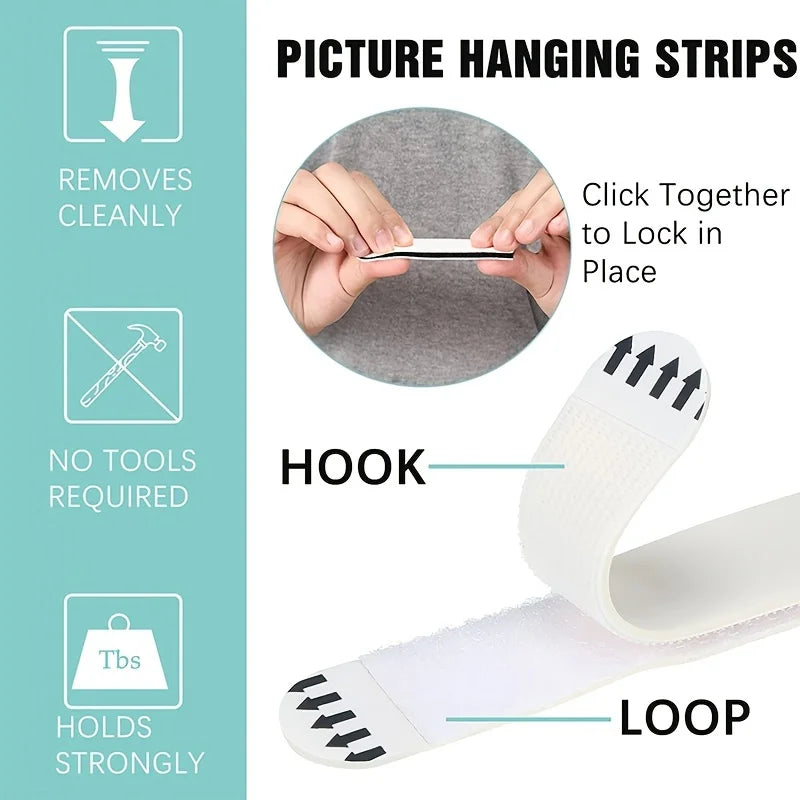 Picture hanging strips showing how to click together to lock in place and form a loop for hanging