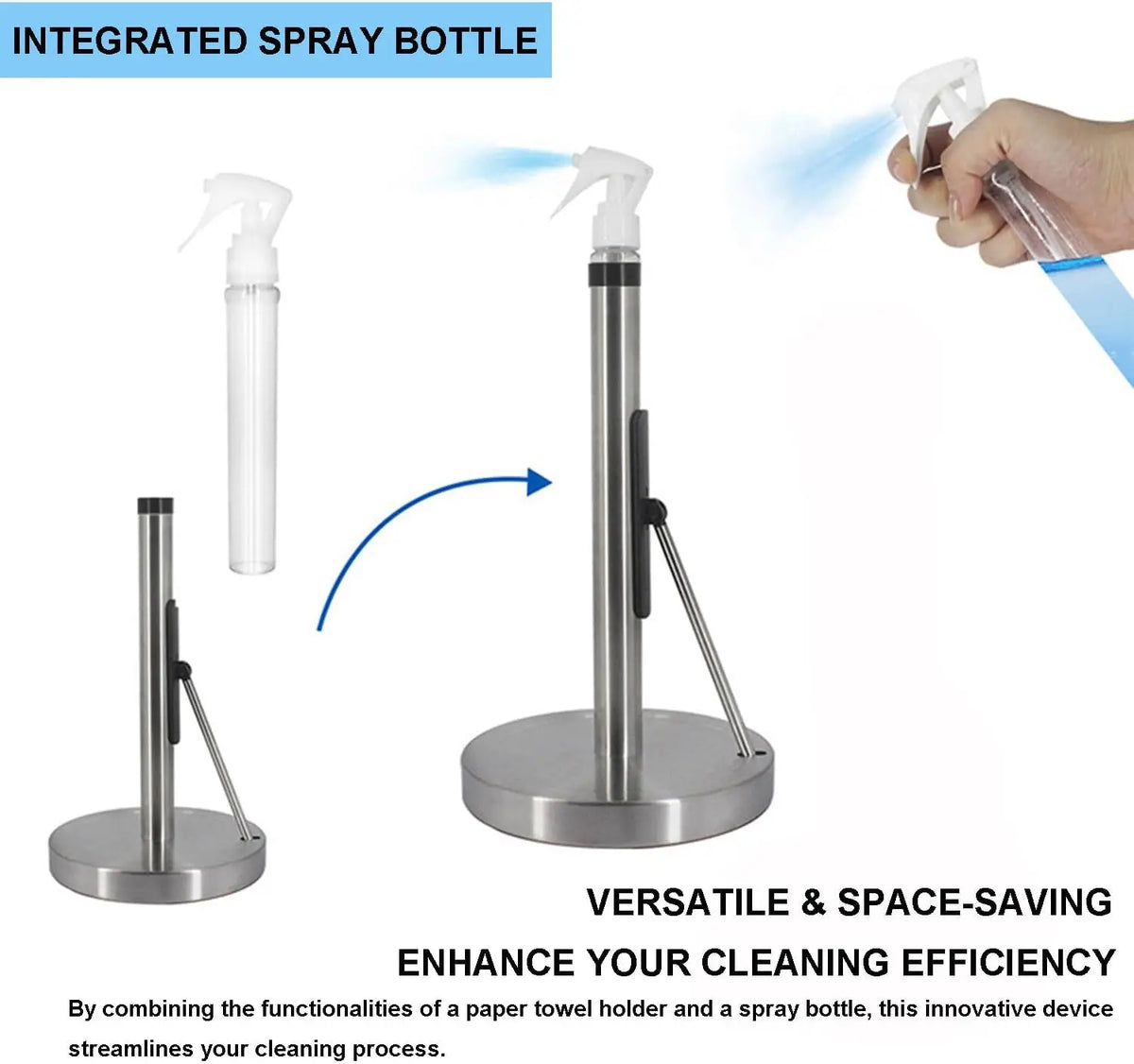 Stainless steel integrated spray bottle and paper towel holder for cleaning efficiency