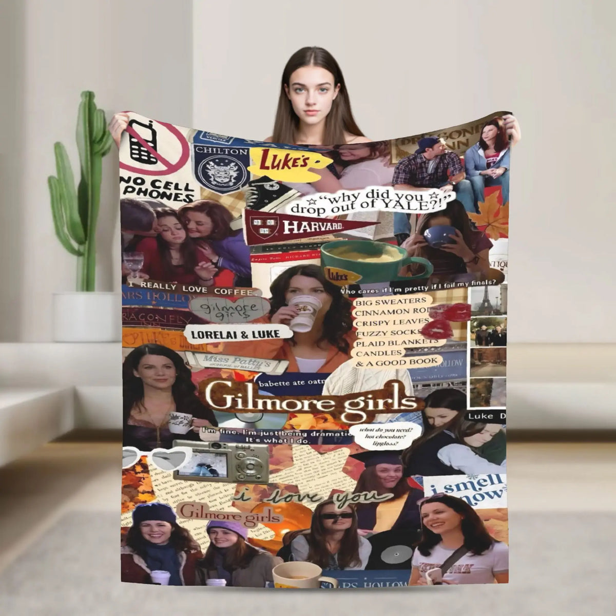 A fan throw blanket featuring various Gilmore Girls characters and themes.