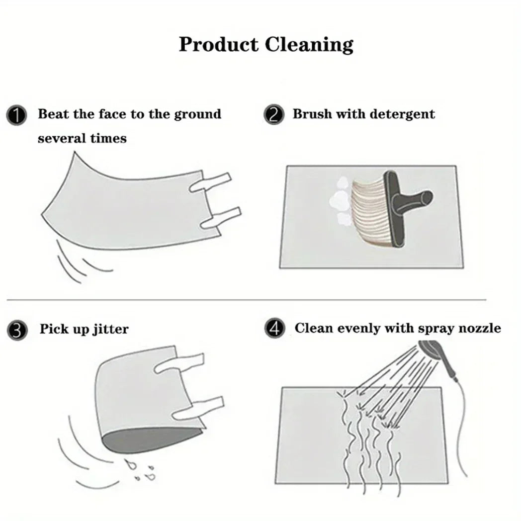 Instructions for cleaning a Boho Geometric Non-Slip Runner Rug, showing steps like beating the face to the ground and brushin