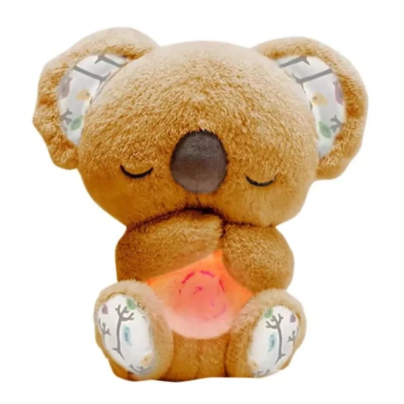 A brown koala plush toy with closed eyes, featuring a soothing light and sounds.