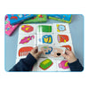 A set of colorful puzzle cards featuring various animals and fruits for a toddler matching game.