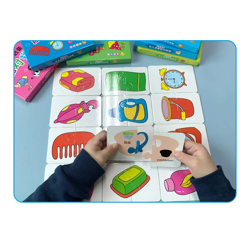 A set of colorful puzzle cards featuring various animals and fruits for a toddler matching game.