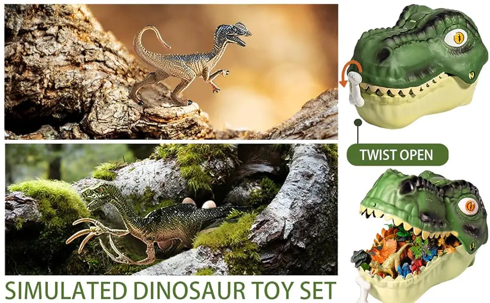 A simulated dinosaur toy set featuring a green dinosaur figurine and storage box.